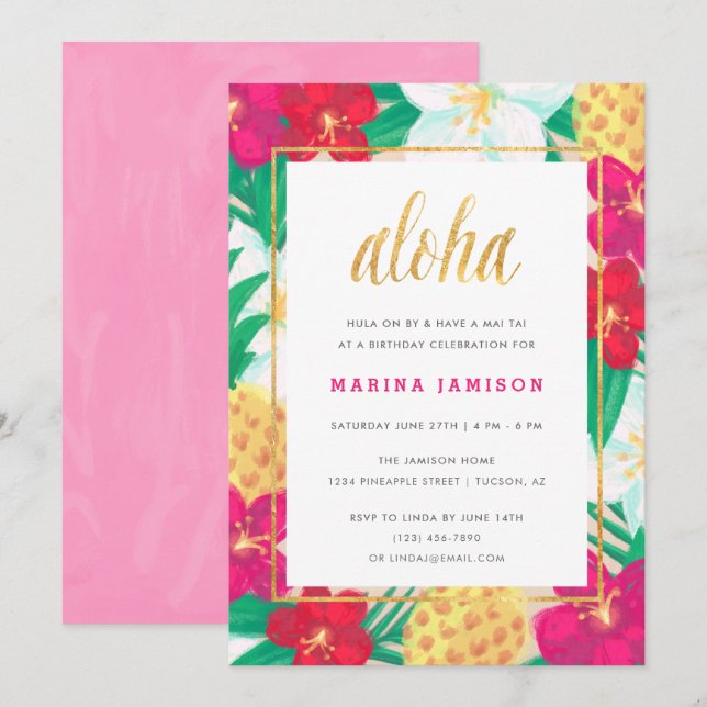 Hawaiiska Blommigtar, inbjudningar till Tropiska p (Fram/baksida)