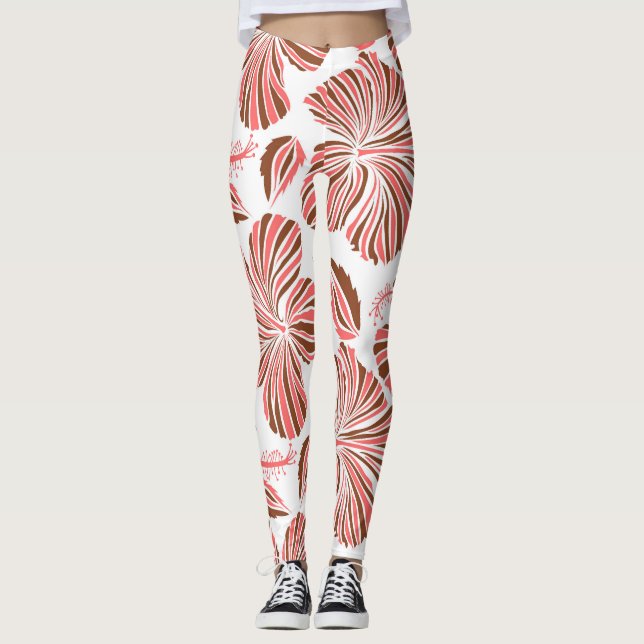 Hawaiiska hibiscus-blommor: bruna tropiska stil. leggings (Framsida)