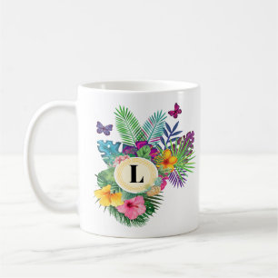 Hawaiiska tropiska blommor och fjärilsmonogram kaffemugg