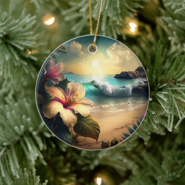 Hawaiiska tropiska blommor vid Beach-dekoratet Julgransprydnad Keramik (Träd)