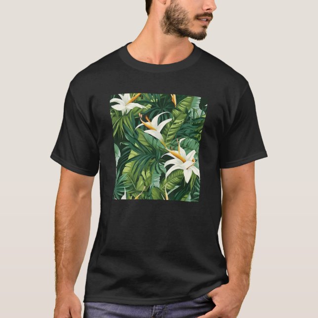 Hawaiiska Tropiska Flower Löv Mönster Beach Vacati T Shirt (Framsida)