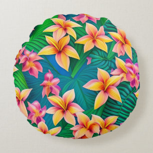 Hawaiiska Tropiska Flower Mönster Rund Kudde