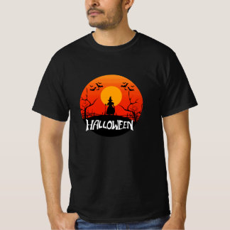 Häx Siluett Orange Solnedgång Månad Halloween T Shirt