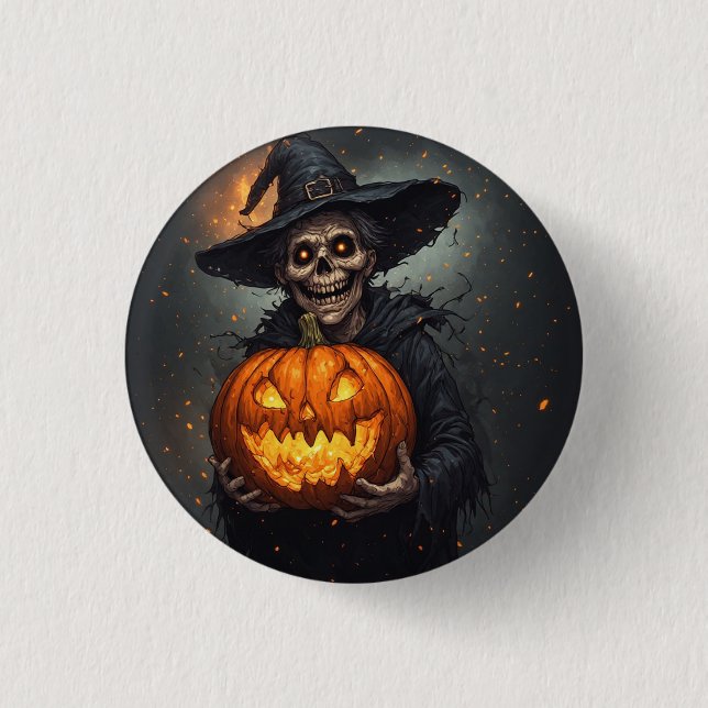 Häx Skelett Med Lysande Pumpa Halloween 🎃 Knapp (Framsida)