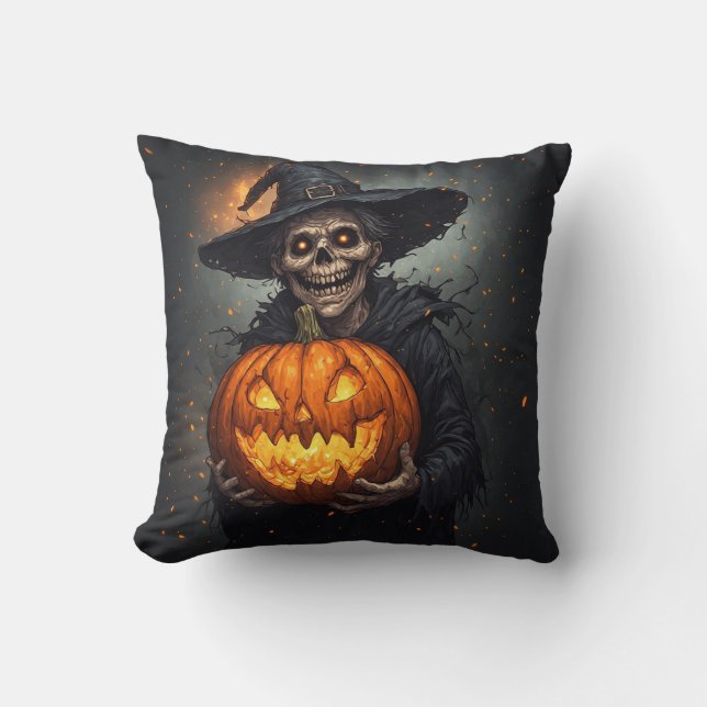 Häx Skelett Med Lysande Pumpa Halloween 🎃 Kudde (Framsida)