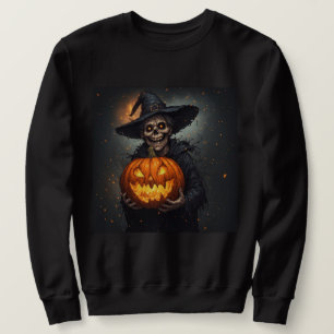 Häx Skelett Med Lysande Pumpa Halloween 🎃 Lång Ärmad Tröja