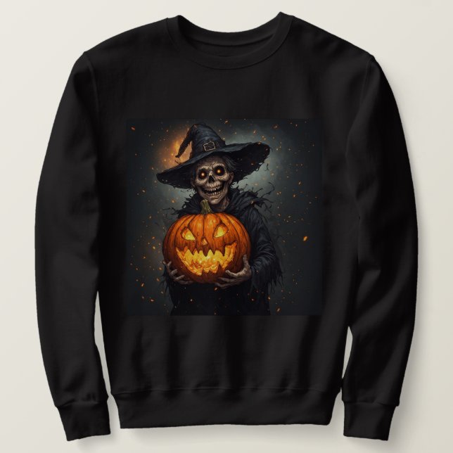 Häx Skelett Med Lysande Pumpa Halloween 🎃 Lång Ärmad Tröja (Design framsida)