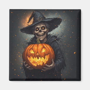 Häx Skelett Med Lysande Pumpa Halloween 🎃 Magnet