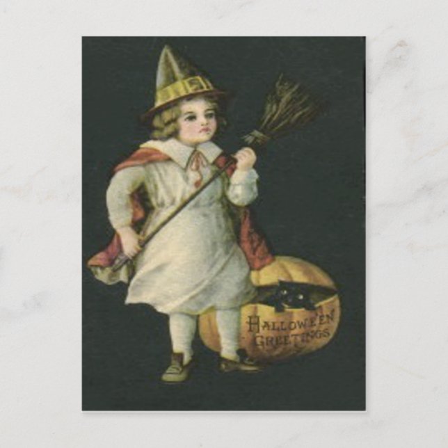 häxa Broom Jack o lantern Pumpkin Black Cat Vykort (Framsida)