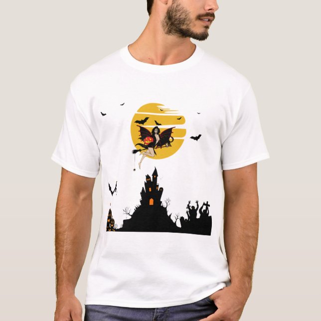 Häxa flygande med Halloween-pumpa-tröja T Shirt (Framsida)