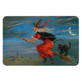 Häxa flygande med svart katt på Halloween natten Magnet