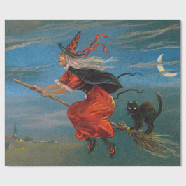 Häxa flygande med svart katt på Halloween-natten Presentpapper