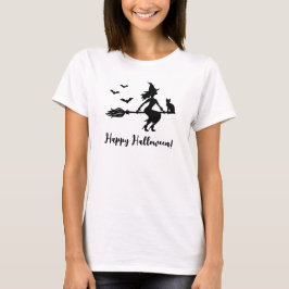 Häxa flygande på kvast Glad Halloween-text T Shirt