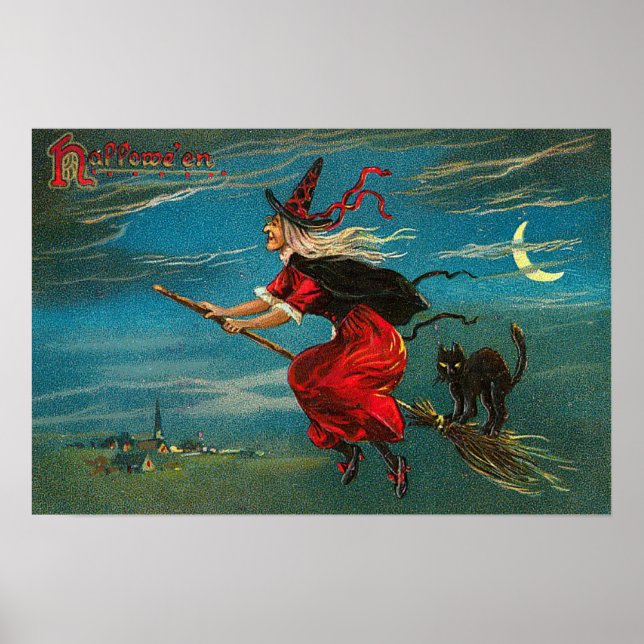 Häxa Flygande Svart Katt Halvmåne Poster (Framsidan)