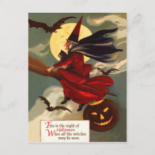 Häxa flyger på sin kvast på Halloween-natten Vykort