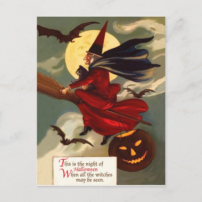 Häxa flyger på sin kvast på Halloween-natten Vykort (Framsida)