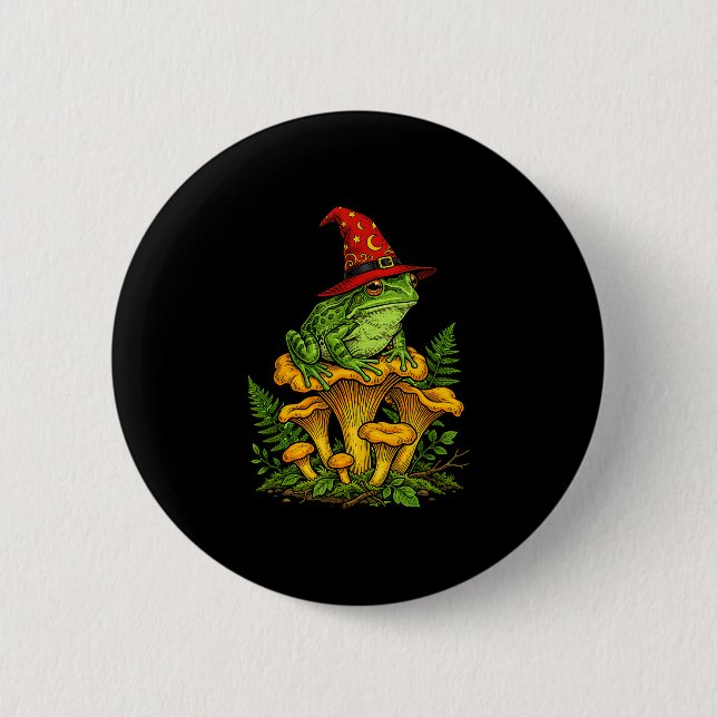 Häxa groda sittande på svamp halloween magi knapp (Framsida)