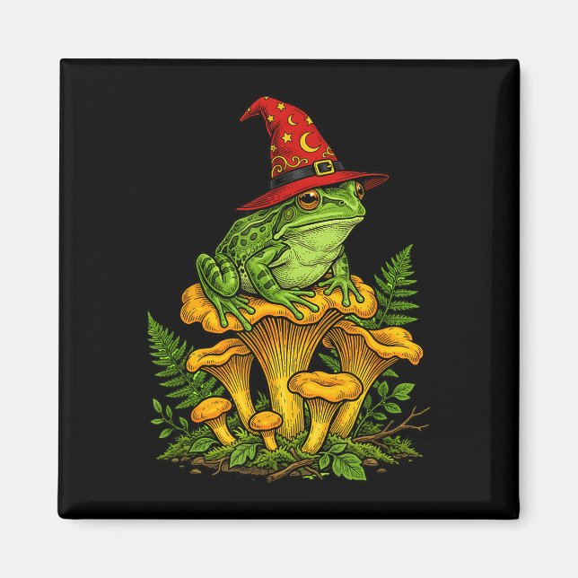 Häxa groda sittande på svamp halloween magi magnet (Framsidan)