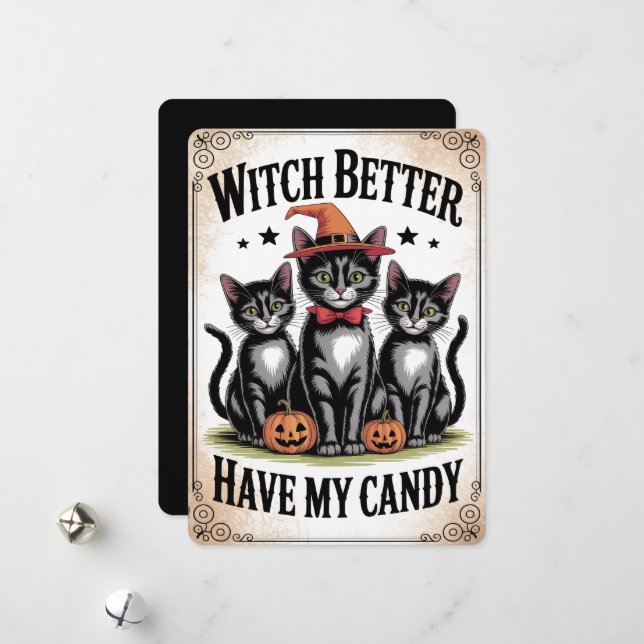 "Häxa har väl min godis" Svart katt Halloween Julkort (Fram/Back In Situ)