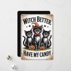 "Häxa har väl min godis" Svart katt Halloween Julkort