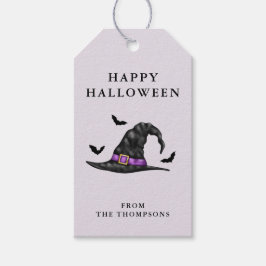 Häxa Hatt Och Fladdermöss På Lila Glad Halloween Presentetikett