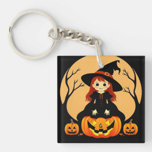Häxa i Halloween-miljö med pumpor