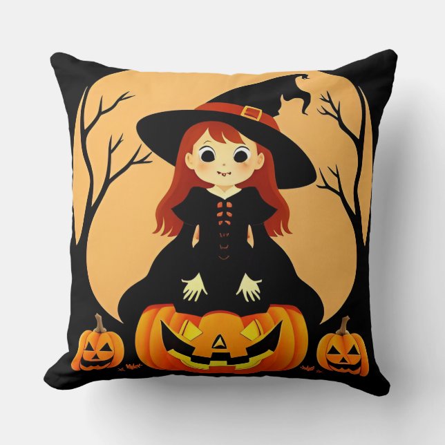 Häxa i Halloween-miljö med pumpor Kudde (Framsida)