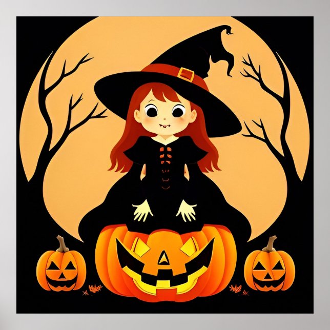 Häxa i Halloween-miljö med pumpor Poster (Framsidan)