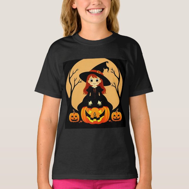 Häxa i Halloween-miljö med pumpor T Shirt (Framsida)