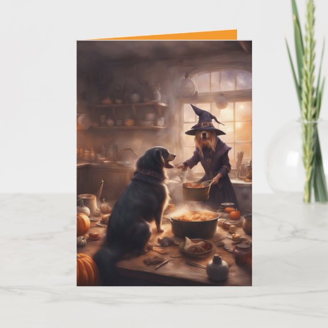 Häxa i köket på Halloween hälsning Kort (Framsida)