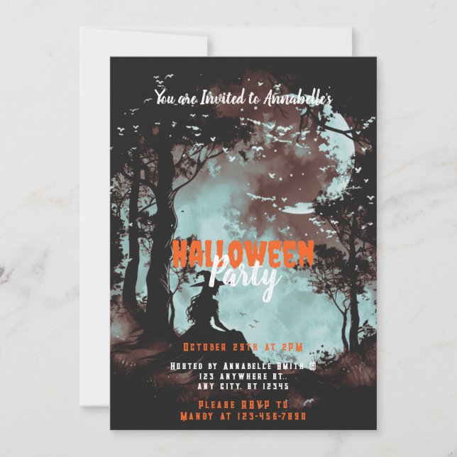 Häxa i skogen Månbadande fladdermöss Halloween-fes Inbjudningar (Framsida)