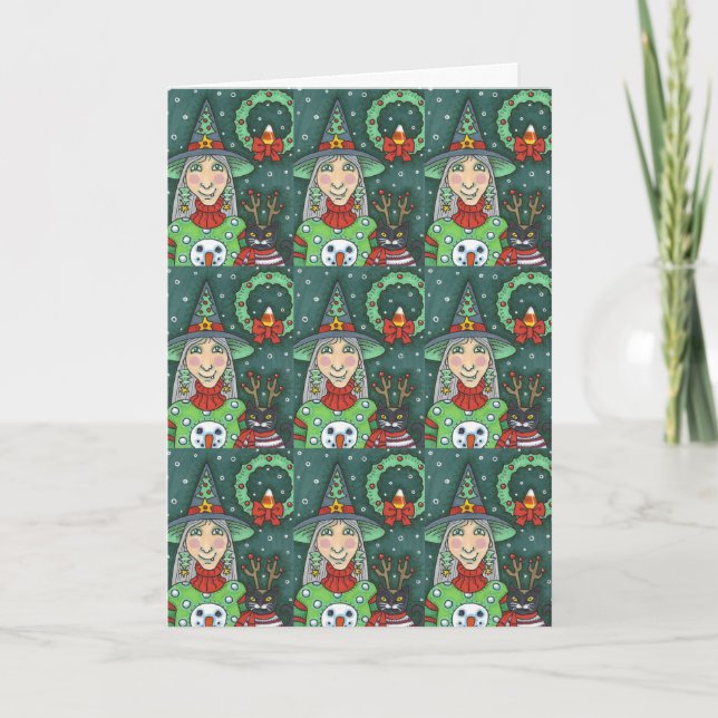 HÄXA I SNÖMANSTRÖJA, SVART KATT JUL HALLoween Kort (Framsida)