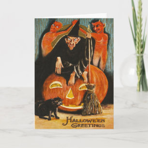 Häxa Jack O Lantern Djävul Demon Svart Katt Kort