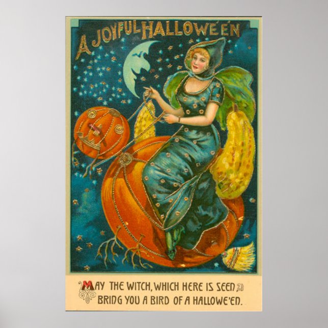 Häxa Jack O Lantern Fågel Pumpa Halvmåne Poster (Framsidan)