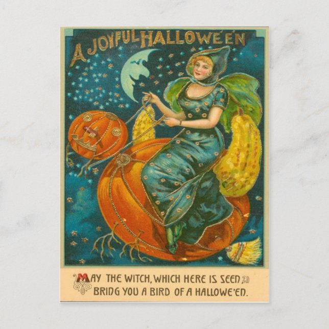 Häxa Jack O Lantern Fågel Pumpa Halvmåne St Vykort (Framsida)