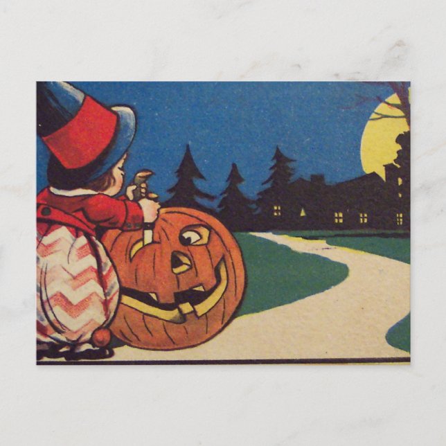 Häxa Jack O Lantern Fullmåne Skärande Pumpkin Vykort (Framsida)
