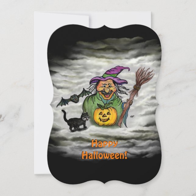 Häxa, katt, fladdermus och pumpa, Glad Halloween! Inbjudningar (Framsida)