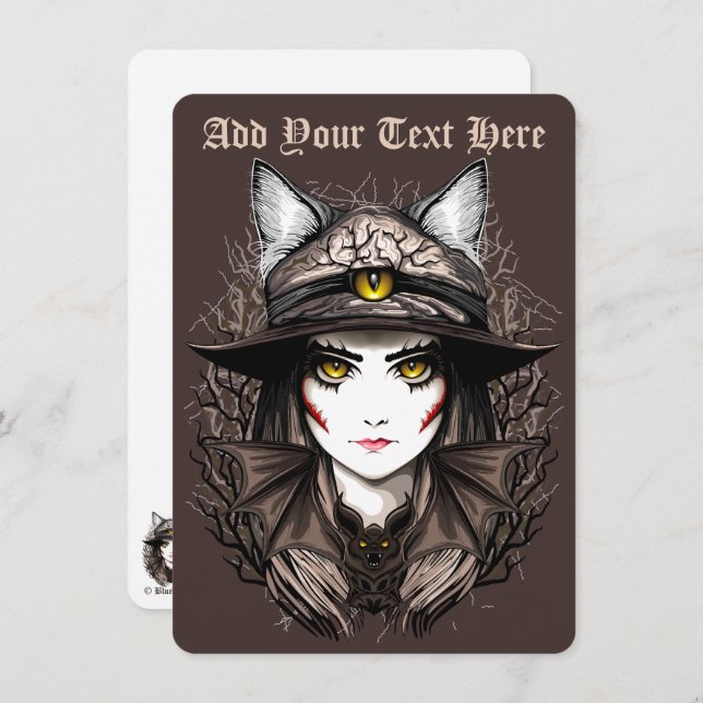 Häxa Katt Halloween Kuslig Söt Porträtt Julkort (Fram/baksida)