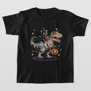Häxa Katt Ridning Mummy T-Rex – Söt Halloween Dino T Shirt