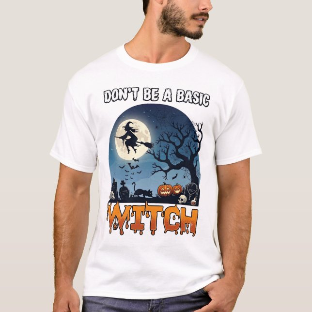 Häxa Kom Inte Vara Basic Halloween Måne Katt Pumpa T Shirt (Framsida)