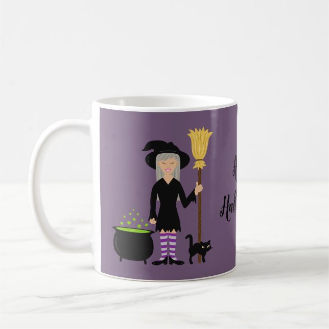Häxa med katt på lila & Glad Halloween-text Kaffemugg (Vänster)