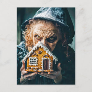 Häxa med pepparkakshus i sagoskog vykort