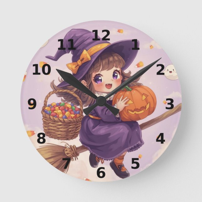 Häxa med pumpa Halloween-klocka Rund Klocka (Framsida)