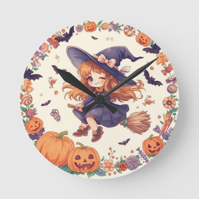 Häxa med pumpor Halloween-klocka Rund Klocka (Framsida)