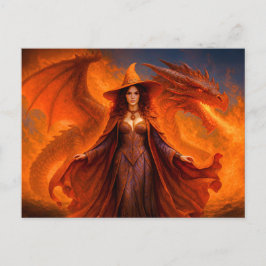 Häxa med röd drake och brinnande eld helg vykort