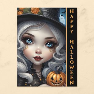 Häxa med Skulpterad Pumpa Gott Halloween Postkort Vykort
