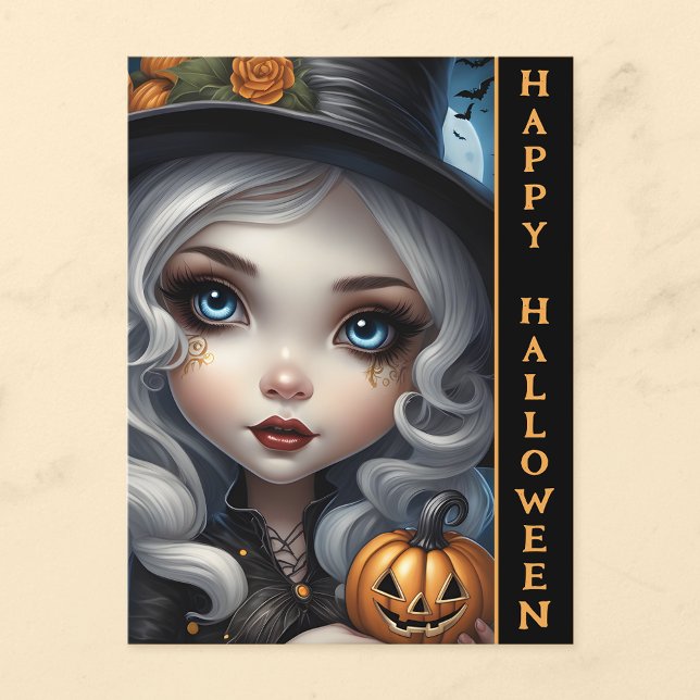 Häxa med Skulpterad Pumpa Gott Halloween Postkort Vykort (🧙‍♀️ Spooky Greetings: Witch Doll Halloween Postcard! 🎃)