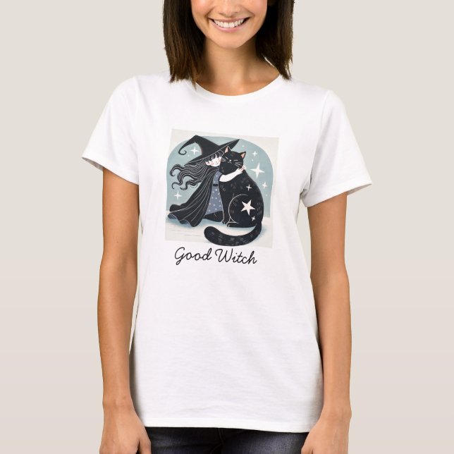 häxa med svart katt t shirt (Framsida)