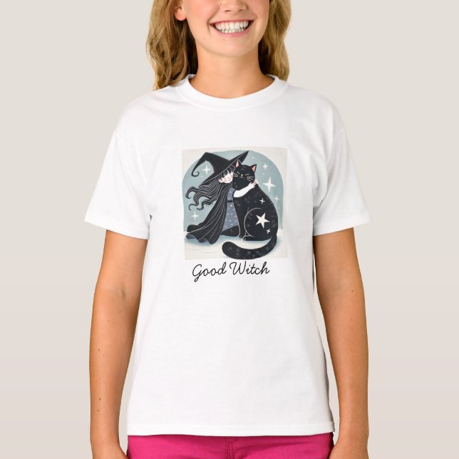 häxa med svart katt t shirt (Framsida)