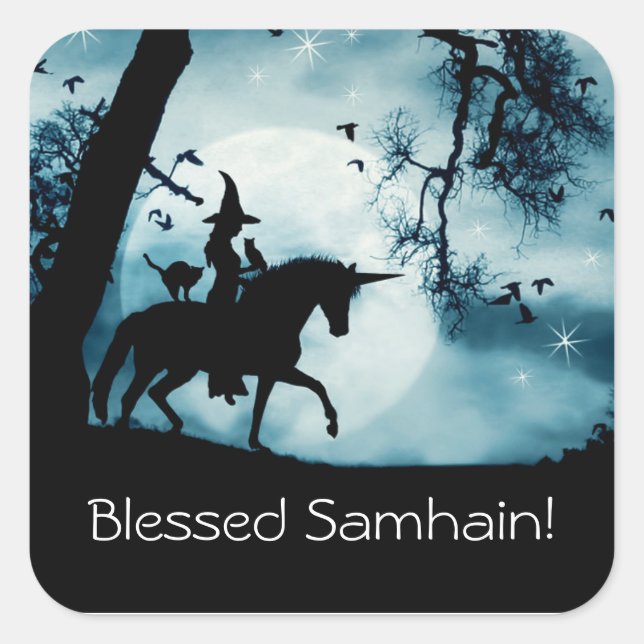 Häxa och enhörning med välsignad Samhain  Fyrkantigt Klistermärke (Framsida)